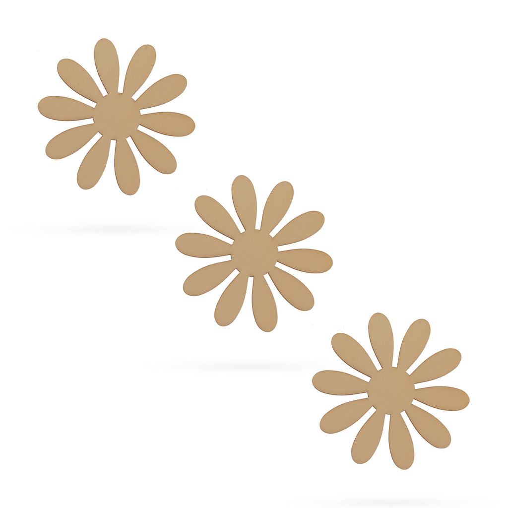 3 Flowers Unfinished Wooden Shapes Craft Cutouts DIY Unpainted 3D Plaques 4 Inches in Beige color