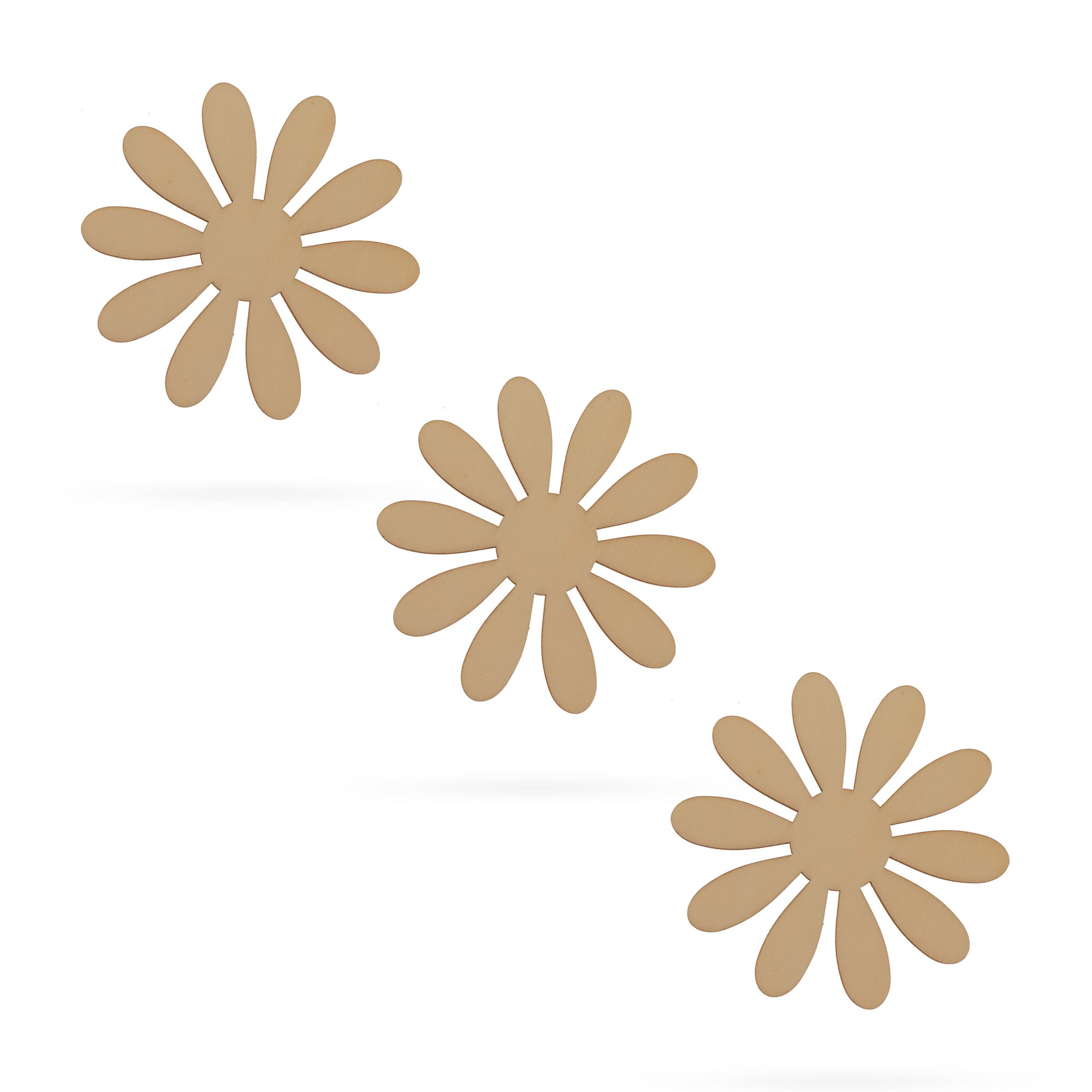 3 Flowers Unfinished Wooden Shapes Craft Cutouts DIY Unpainted 3D Plaques 4 Inches in Beige color