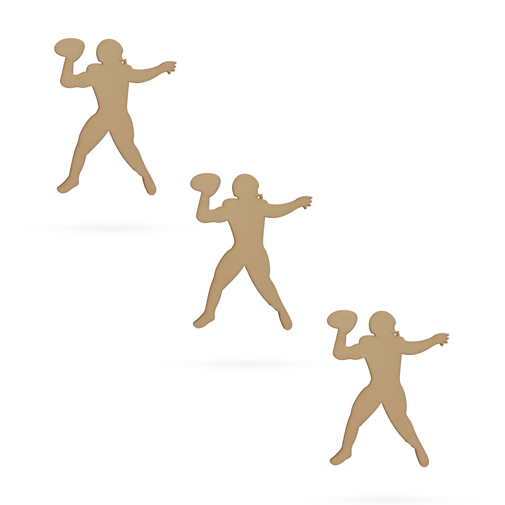 3 Football Players Unfinished Wooden Shapes Craft Cutouts DIY Unpainted 3D Plaques 4 Inches in Beige color