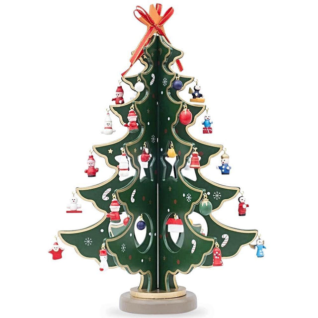 Traditional Wooden Tabletop Christmas Tree - Includes 32 German Style Miniature Christmas Ornaments, 12.5 Inches Tall in Green color, Triangle shape