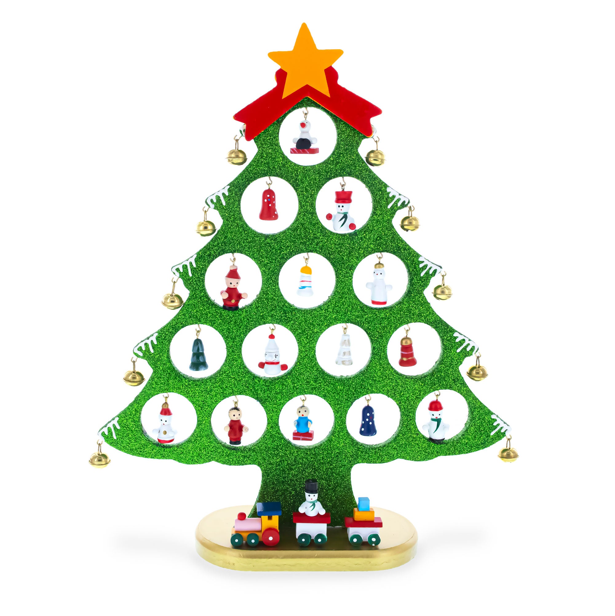 Wooden Tabletop Christmas Tree with 25 Miniature Ornaments and Train Base 12 Inches in Green color Triangle