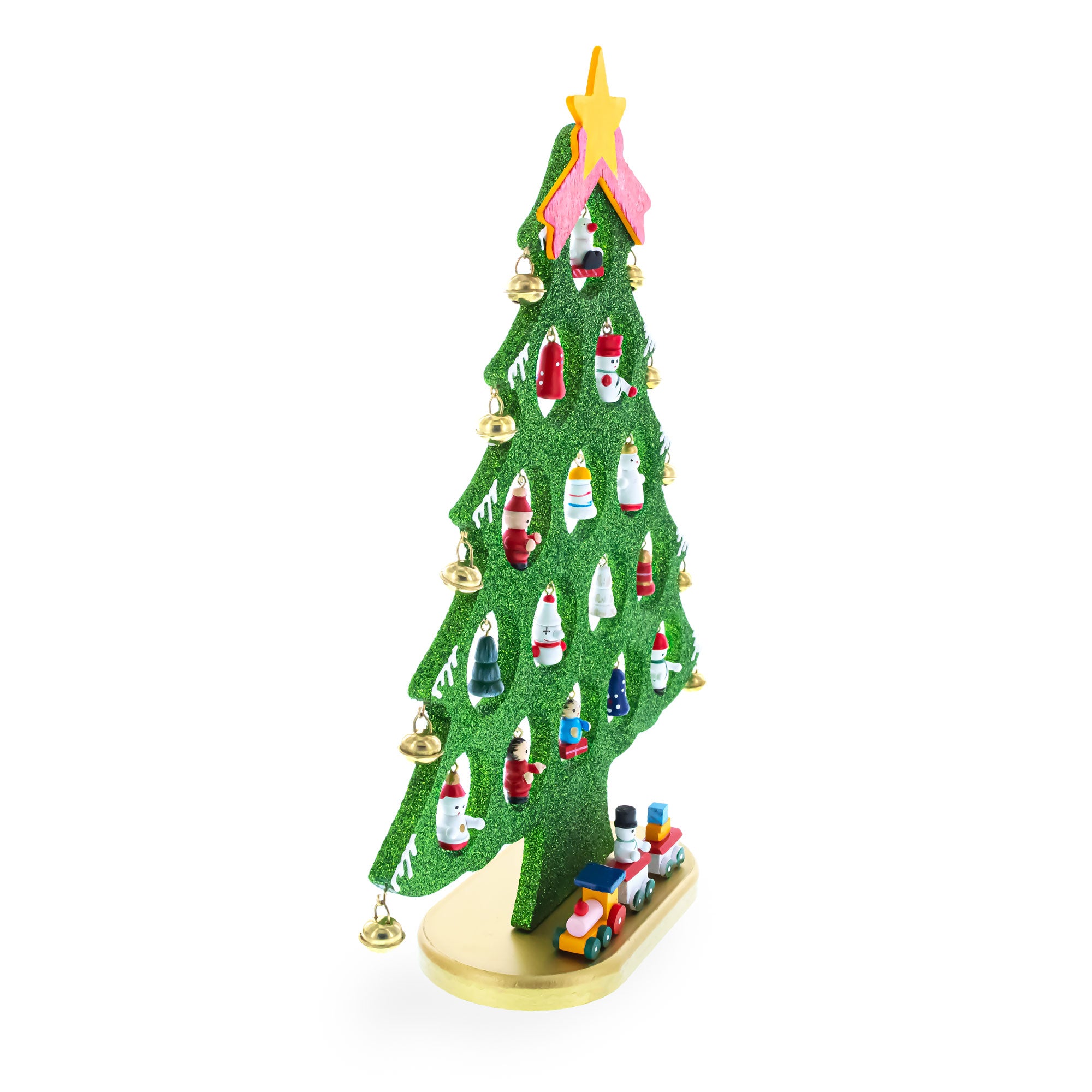 Wooden Tabletop Christmas Tree with 25 Miniature Ornaments and Train Base 12 Inches , dimensions in inches: 12 x 12 x 10