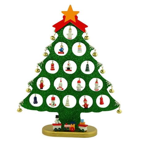 Wooden Tabletop Christmas Tree with 25 Miniature Ornaments 12 Inches in Green color, Triangle shape