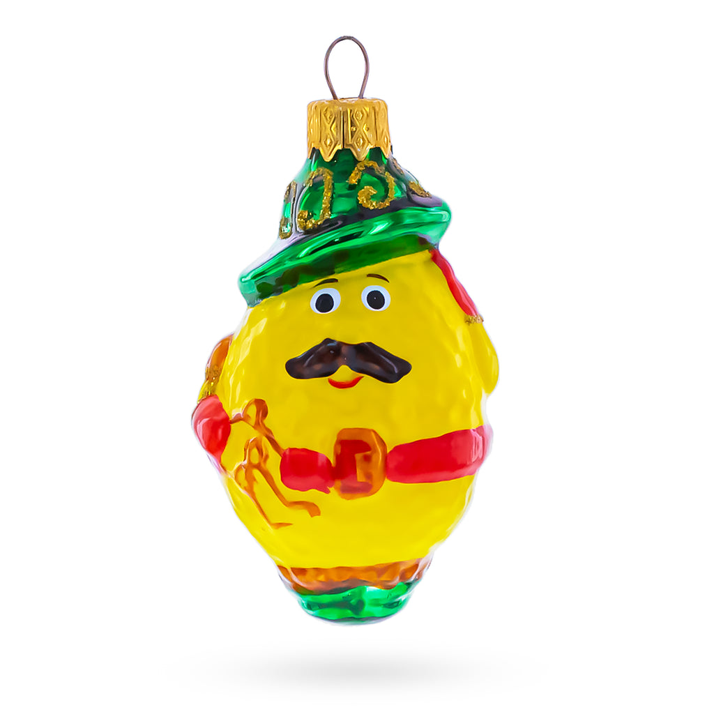 Mustached Lemon in Alpine Outfit Glass Christmas Ornament in Yellow color Figurine