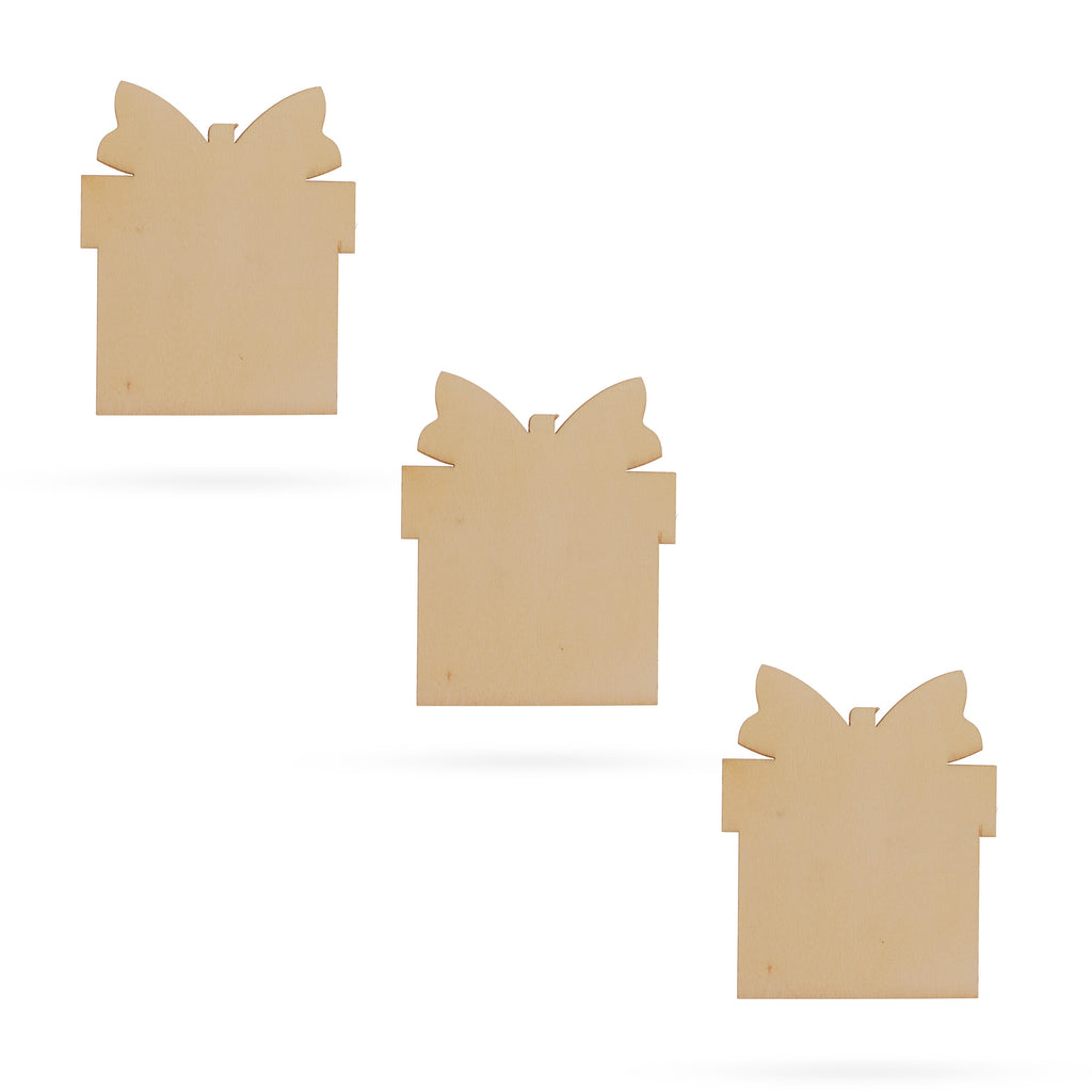 3 Gift Boxes Unfinished Wooden Shapes Craft Cutouts DIY Unpainted 3D Plaques 4 Inches in Beige color
