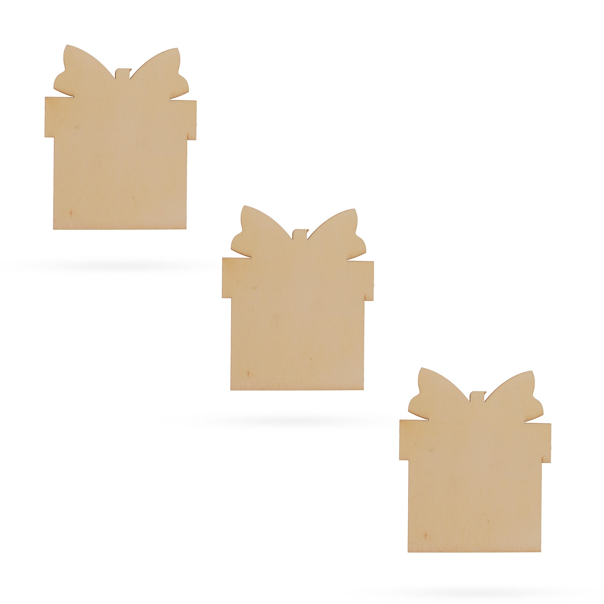 3 Gift Boxes Unfinished Wooden Shapes Craft Cutouts DIY Unpainted 3D Plaques 4 Inches in Beige color
