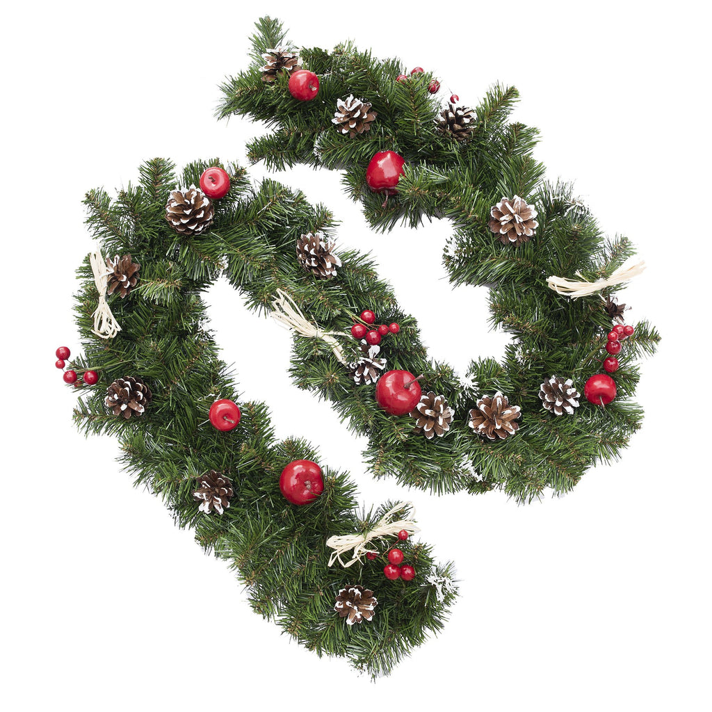 Plastic Ukrainian Christmas Garland w. Straw Bows, Apples & Pine Cones 59 Inches in Green color