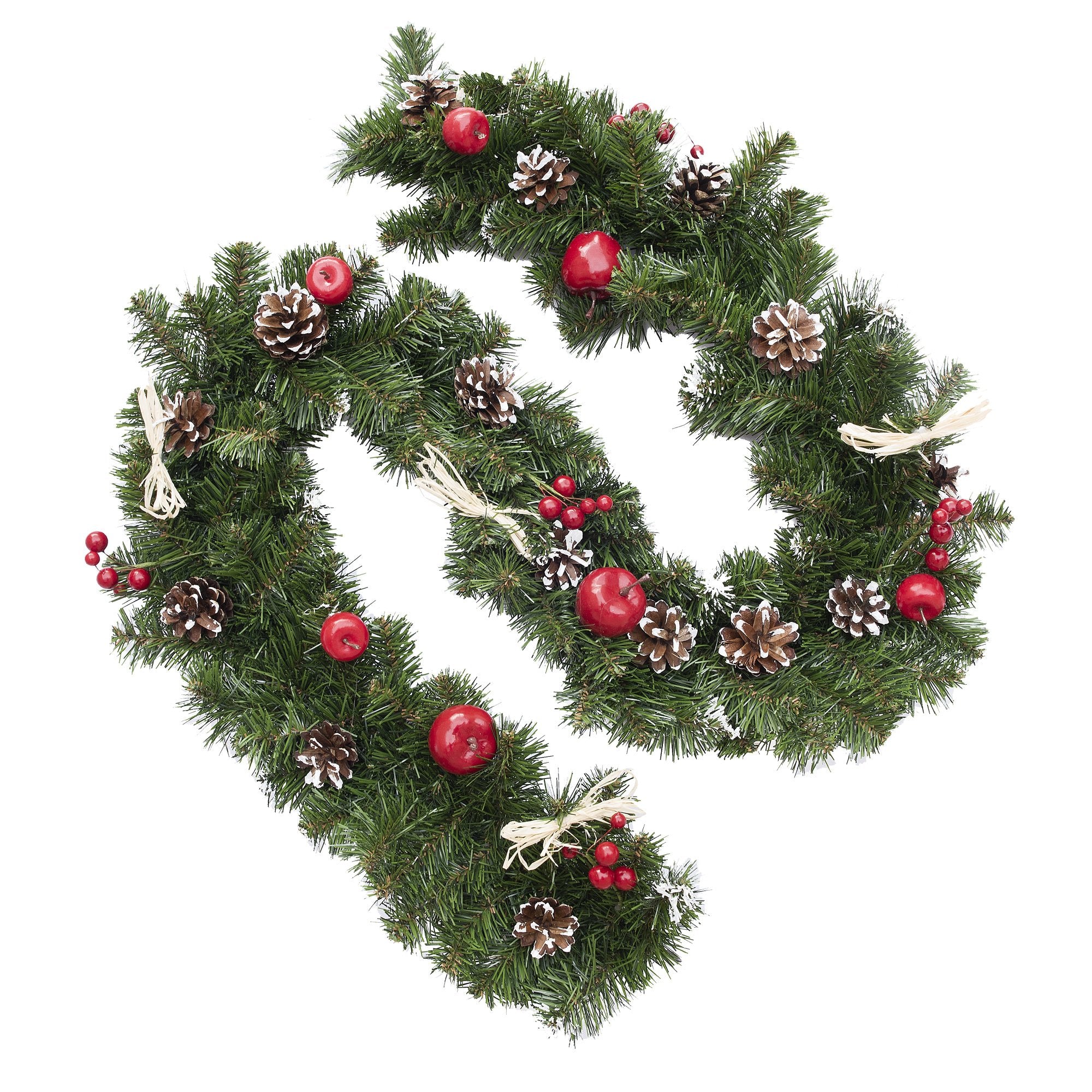 Ukrainian Christmas Garland w. Straw Bows, Apples & Pine Cones 59 Inches in Green color
