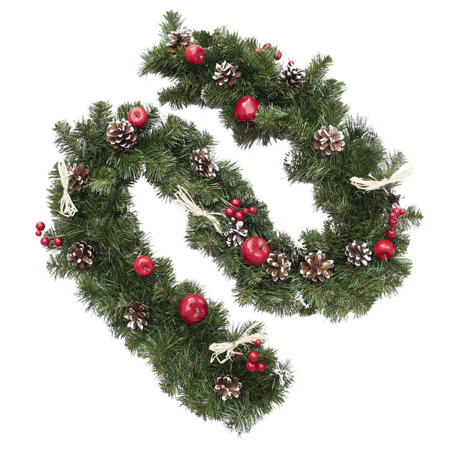 Ukrainian Christmas Garland w. Straw Bows, Apples & Pine Cones 59 Inches in Green color