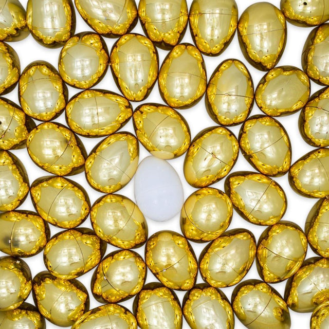 Set of 48 Plastic Eggs: 47 in Glistening Gold and 1 Surprise White Egg in Gold color, Oval shape