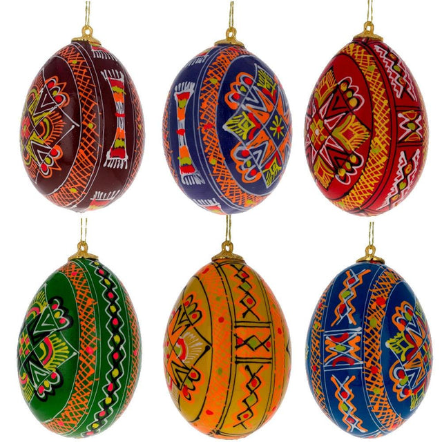 Set of 6 Hand Painted Ukrainian Wooden Easter Egg Ornaments 2.25 Inches in Multi color, Oval shape