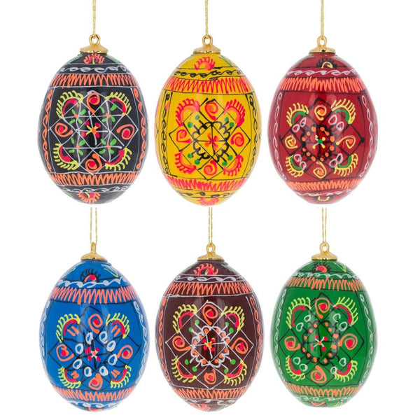 Set of 6 Ukrainian Geometric Wooden Pysanky Easter Eggs Ornaments in Multi color, Oval shape