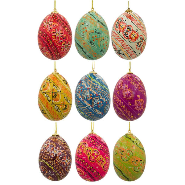 Set of 9 Pysanky Ukrainian Easter Egg Wooden Easter Ornaments 2.5 Inches in Multi color, Oval shape