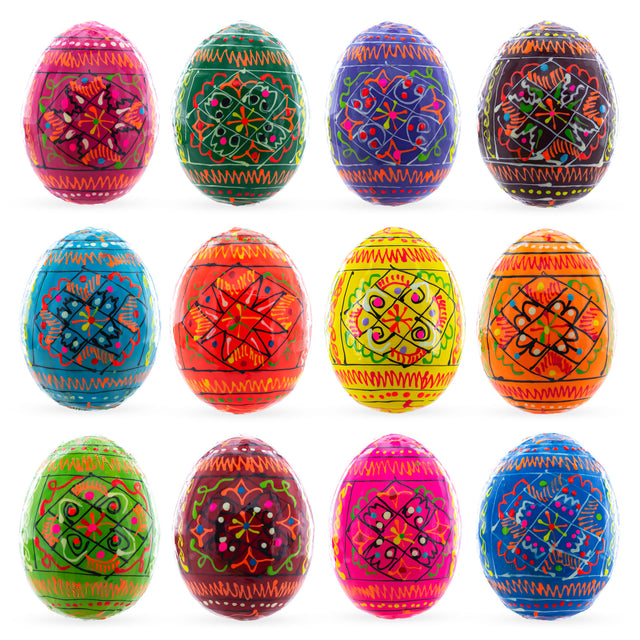Set of 12 Hand Painted Wooden Pysanky Ukrainian Easter Eggs 2.5 Inches in Multi color, Oval shape