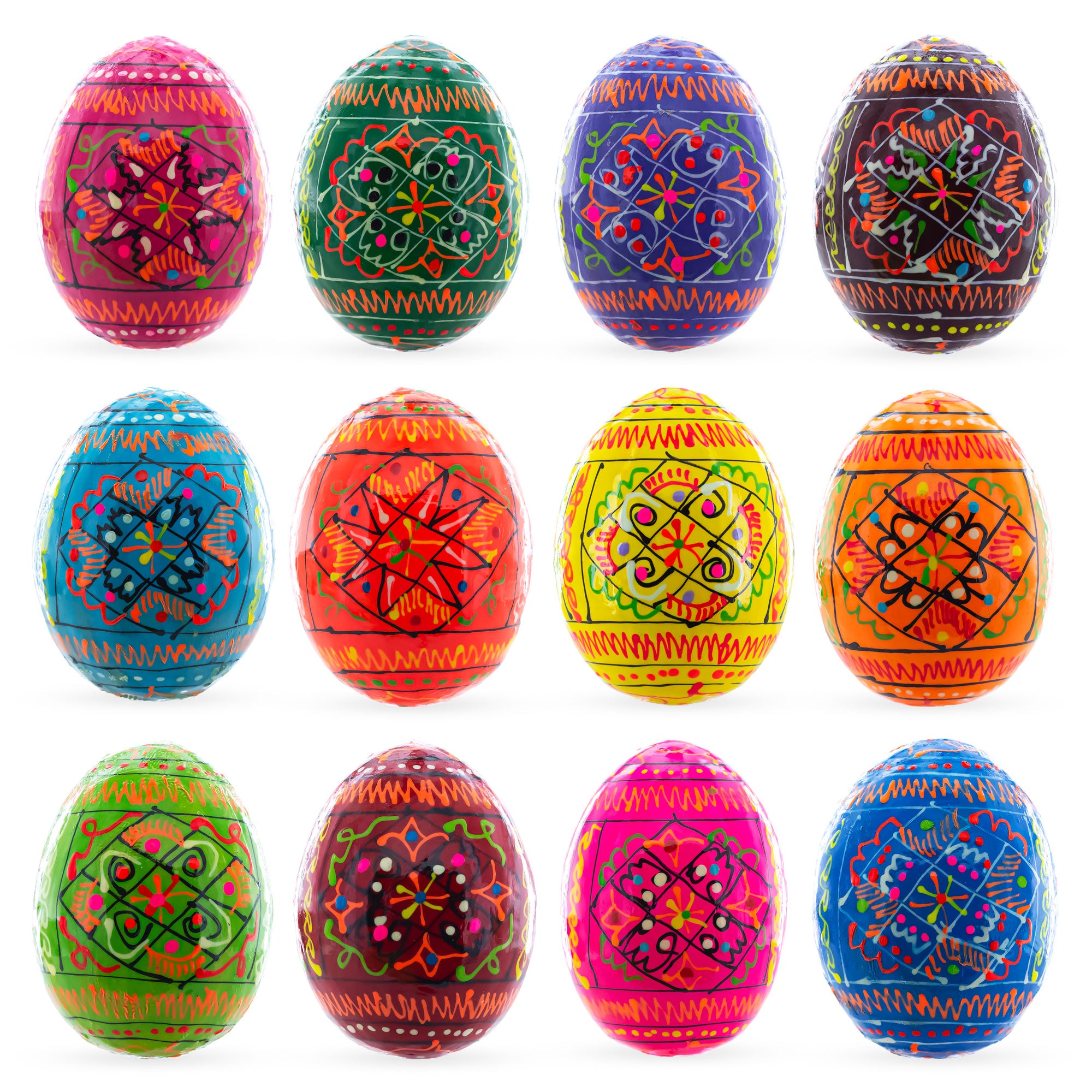 Set of 12 Geometrical Wooden Ukrainian Easter Eggs Pysanky 2.5 Inches in Multi color Oval