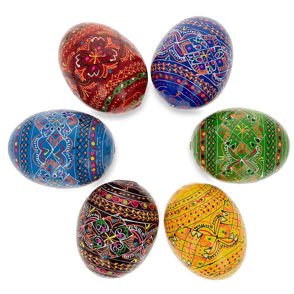 Wood Set of 6 Geometric Ukrainian Pysanky Wooden Easter Eggs 2.25 Inches in Multi color Oval