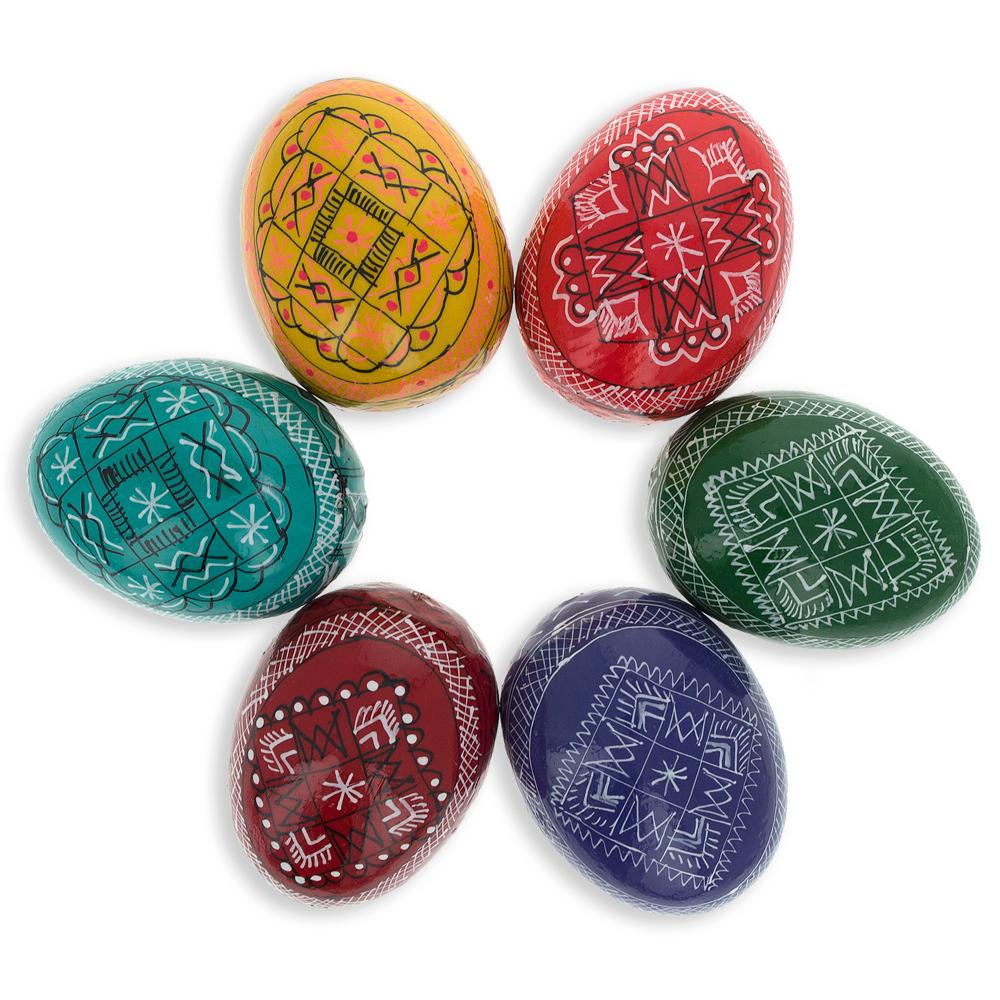 Set of 6 Hand Painted Geometric Ukrainian Wooden Easter Eggs 2.5 Inches in Multi color, Oval shape