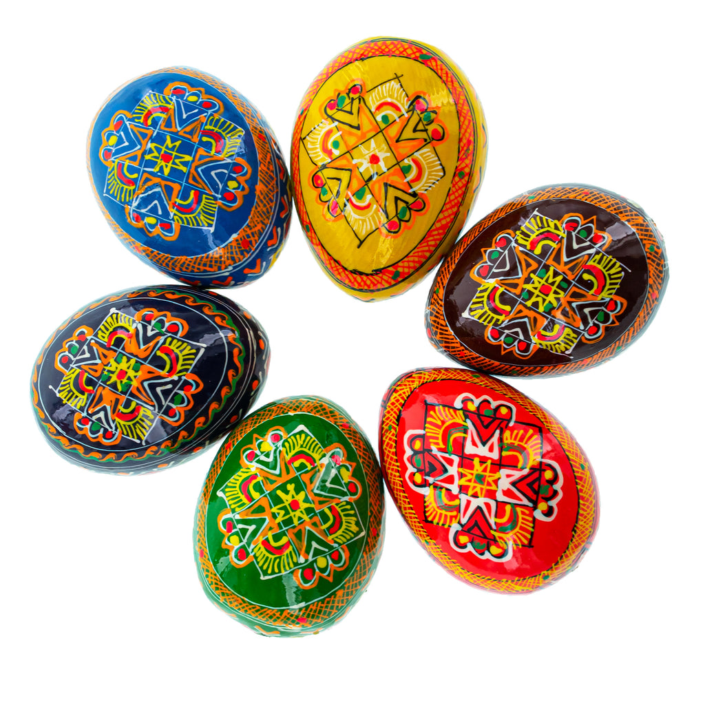 Wood Set of 6 Hand Painted Wooden Ukrainian Easter Eggs 2.5 Inches in Multi color Oval