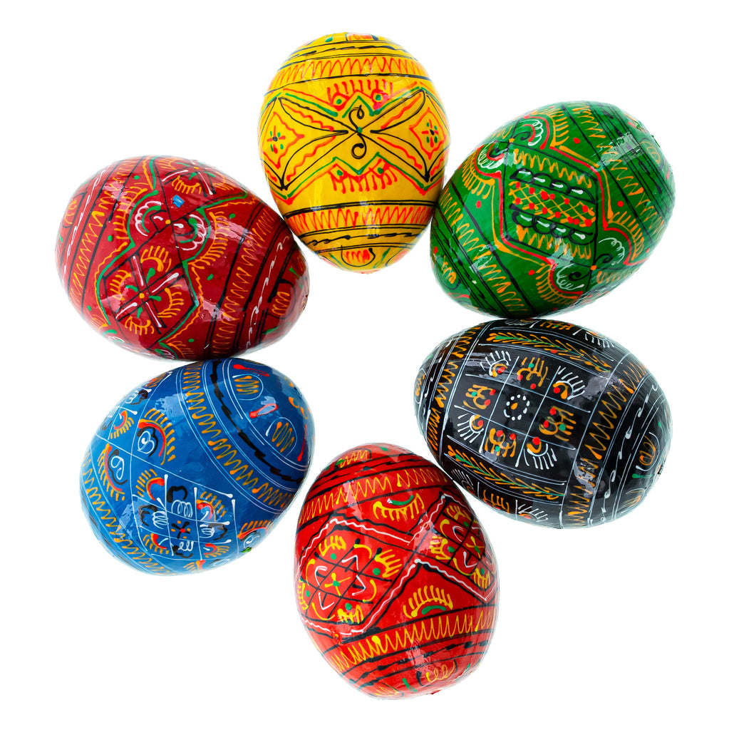 Wood Set of 6 Geometric Ukrainian Pysanky Wooden Easter Eggs 2.25 Inches in Multi color Oval