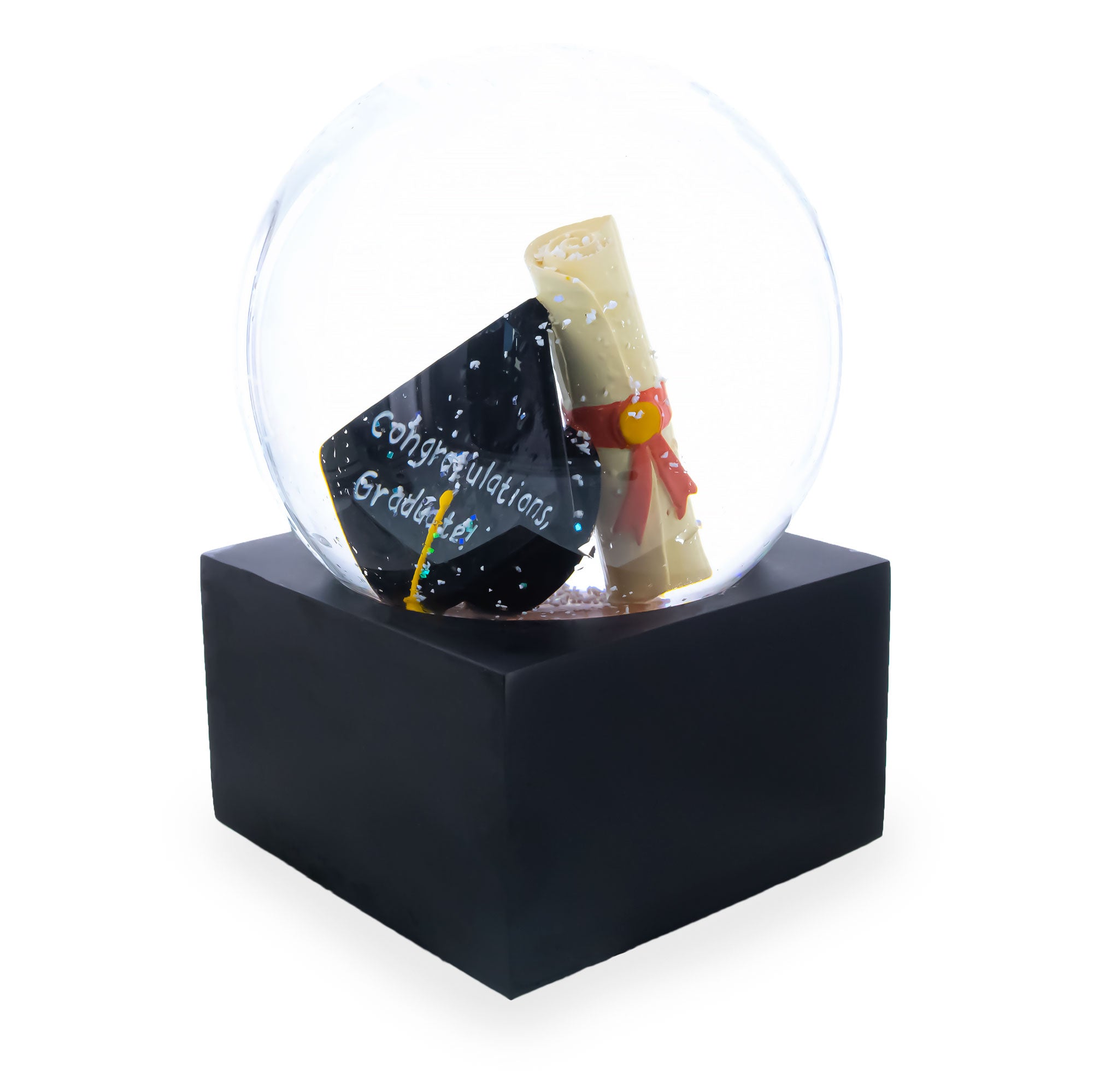 Graduation Hat & Diploma Glass Water Snow GlobeChina , dimensions in inches: 4.8 x 3.4 x 3.4