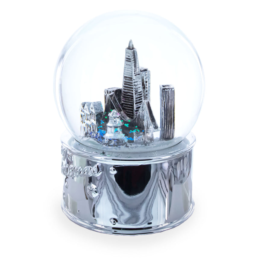 San Francisco Landmarks with Silver Base Glass Water Snow Globe , dimensions in inches: 4.8 x 3.4 x 3.4