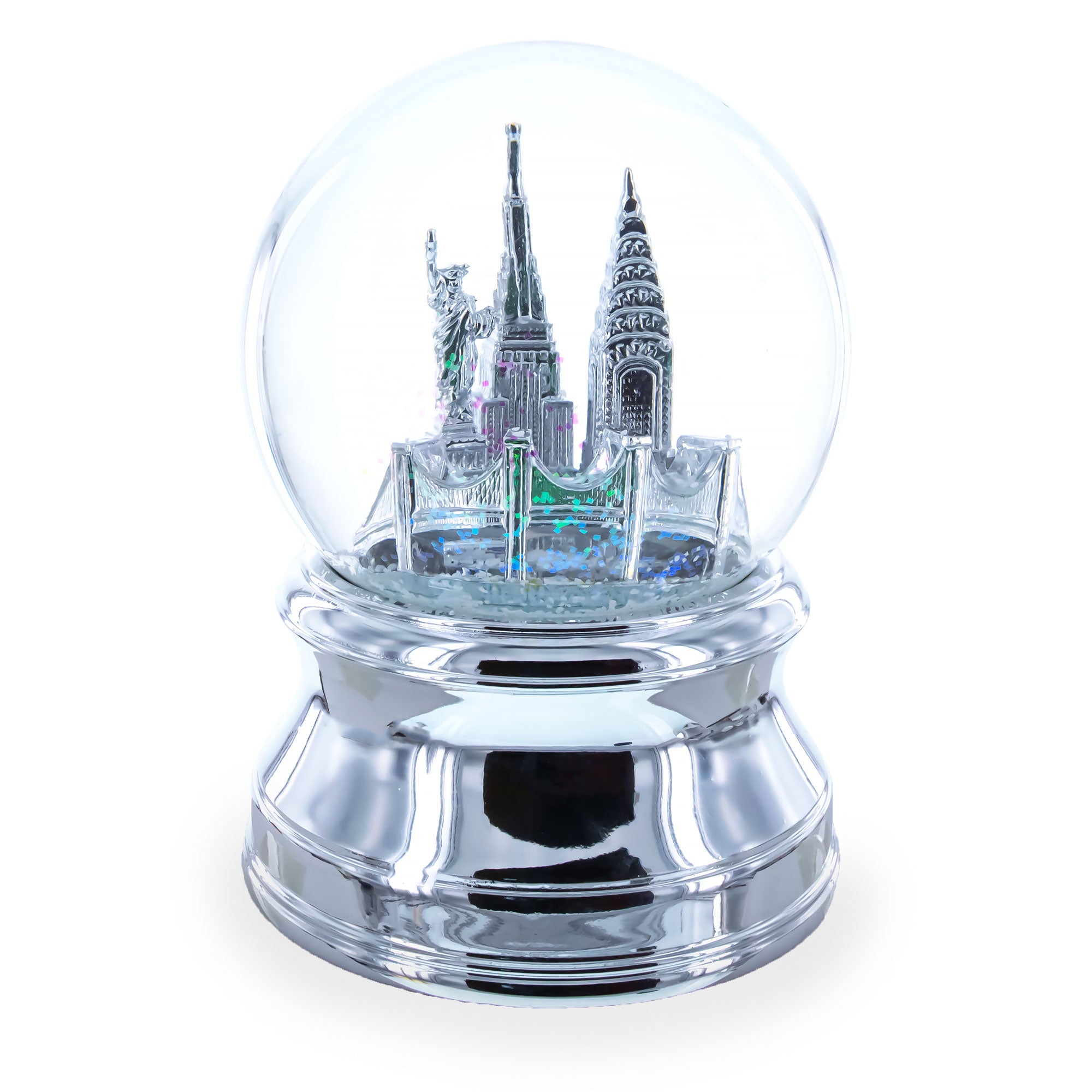New York City Skyline with Silver Base Water Snow Globe in Silver color Round