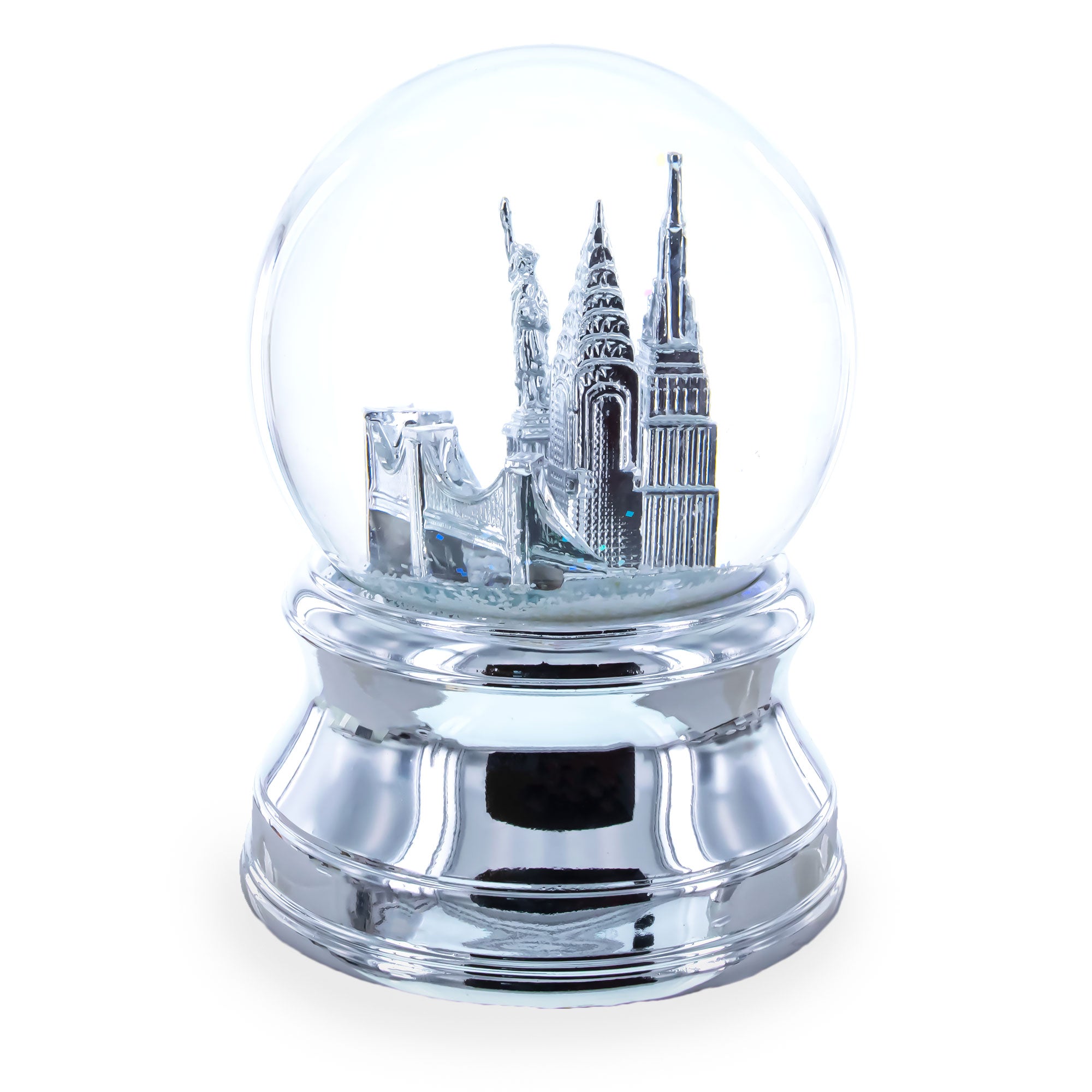 New York City Skyline with Silver Base Water Snow Globe , dimensions in inches: 4.8 x 3.4 x 3.4