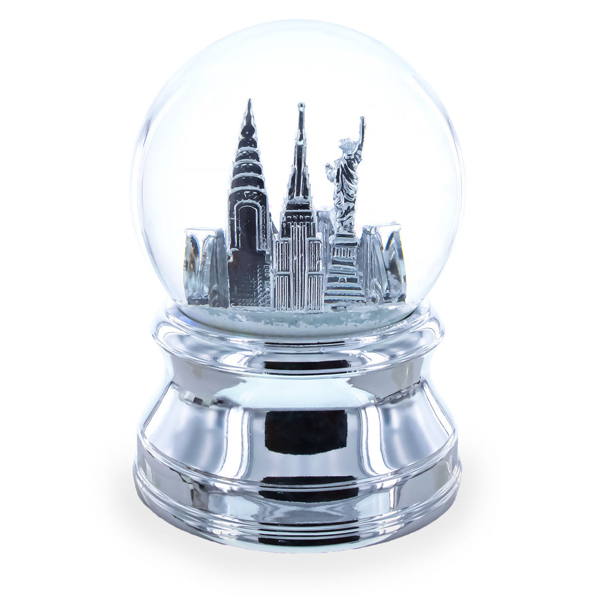 Shop New York City Skyline with Silver Base Water Snow Globe. Buy Snow Globes Travel Silver Round  for Sale by Online Gift Shop BestPysanky Christmas water globe snowglobe music box musical collectible figurine xmas holiday decorations gifts rotating animated spinning animated unique picture personalized cool glitter flakes festive wind-up
