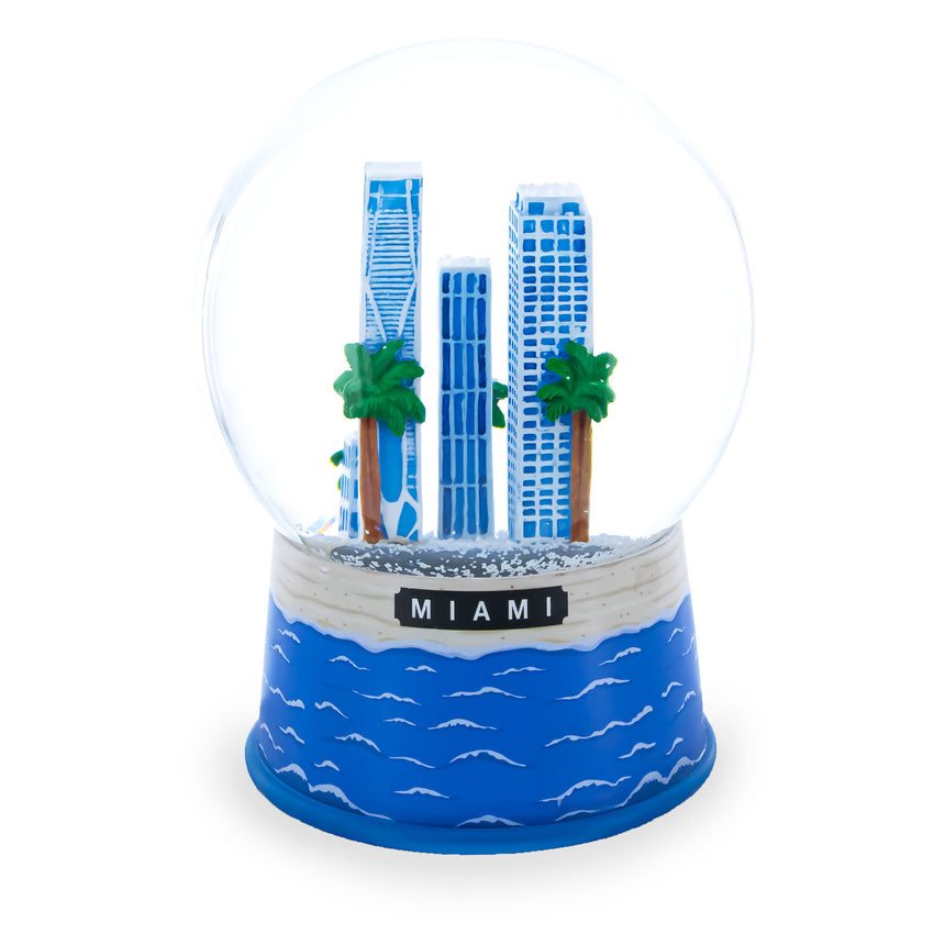 Miami Beach Skyline Glass Water Snow Globe in Blue color Round
