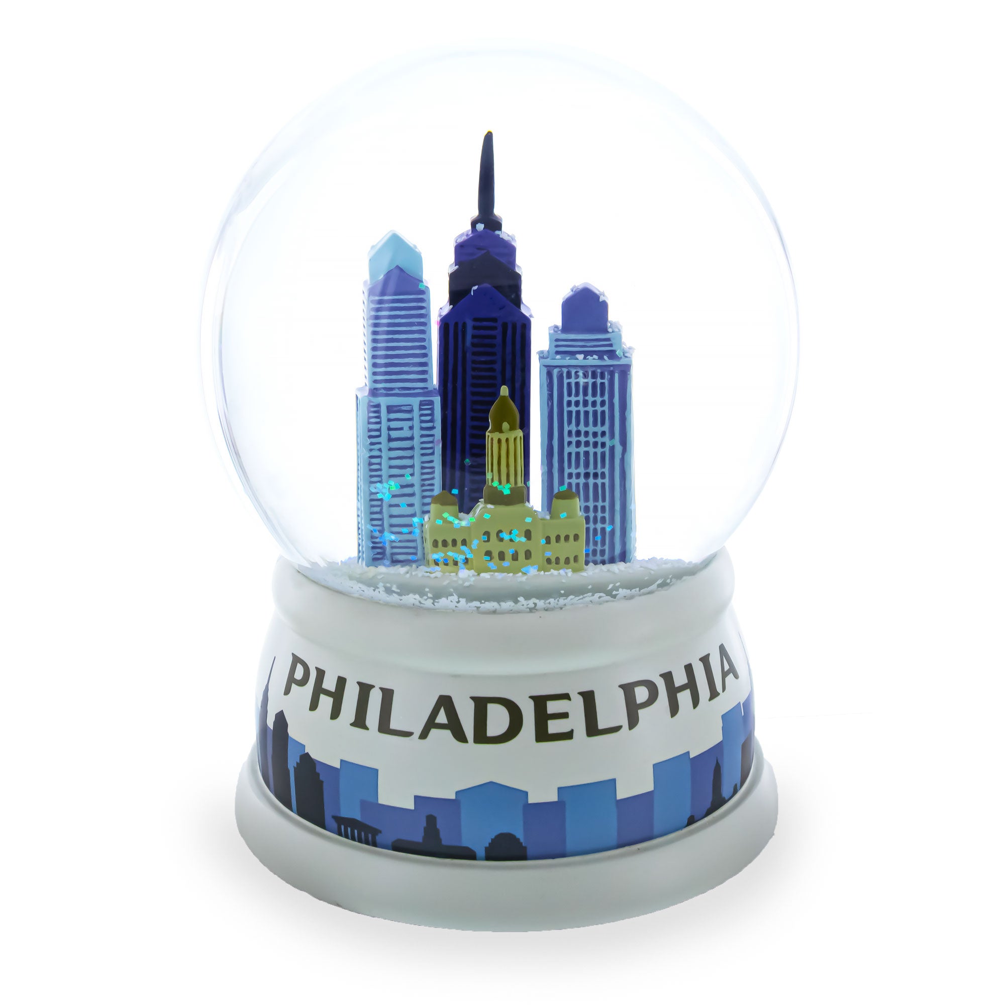 Philadelphia Skyline Glass Water Snow Globe in White color Round