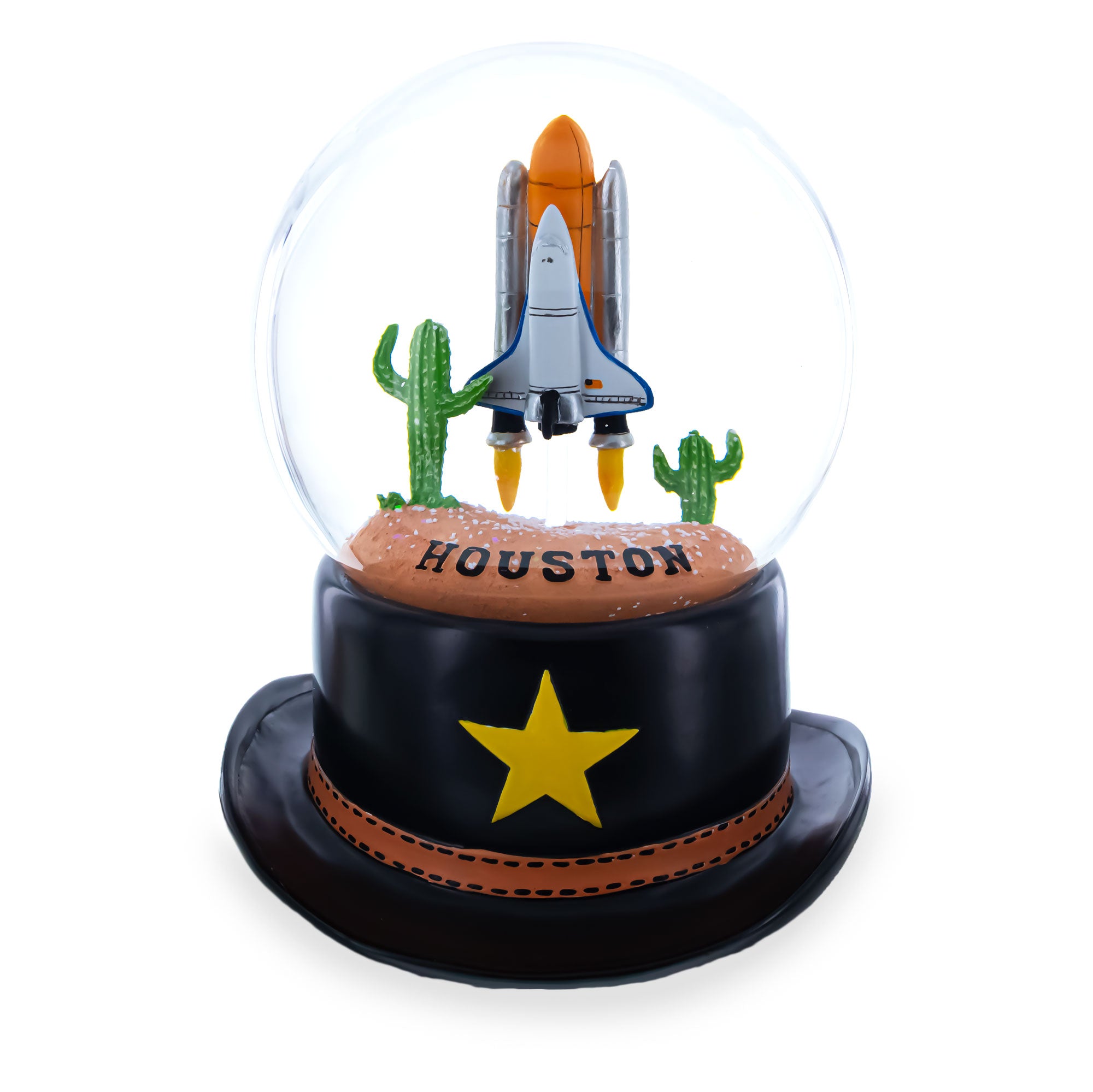 Houston Space Shuttle with Cowboy Hat Base Glass Water Snow Globe in Brown color Round