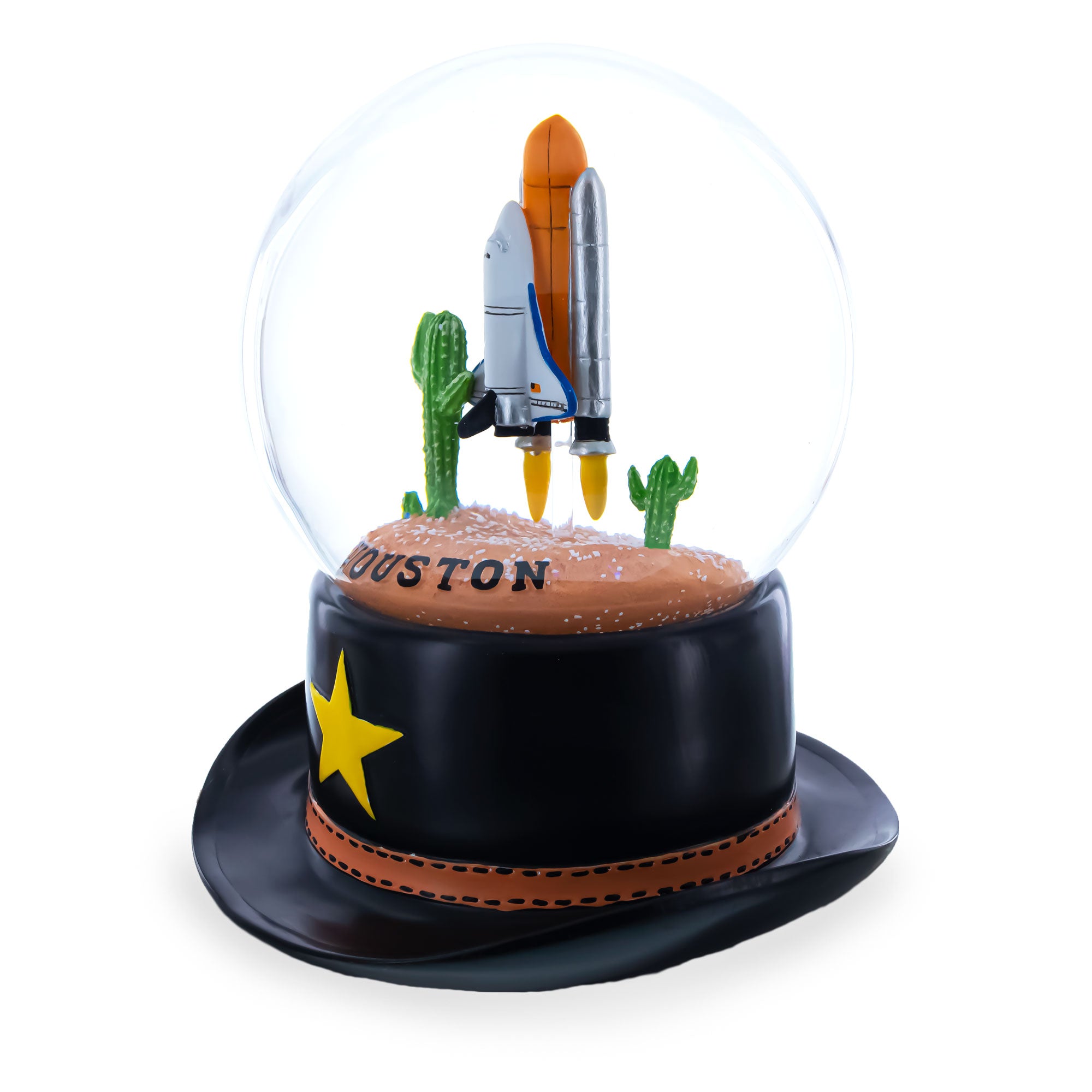 Houston Space Shuttle with Cowboy Hat Base Glass Water Snow Globe , dimensions in inches: 4.8 x 3.4 x 3.4