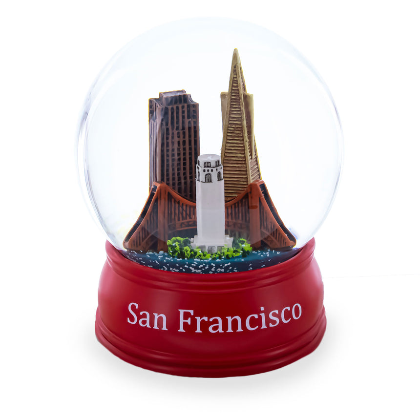 San Francisco Skyline with Iconic Landmarks Glass Water Snow Globe in Red color Round