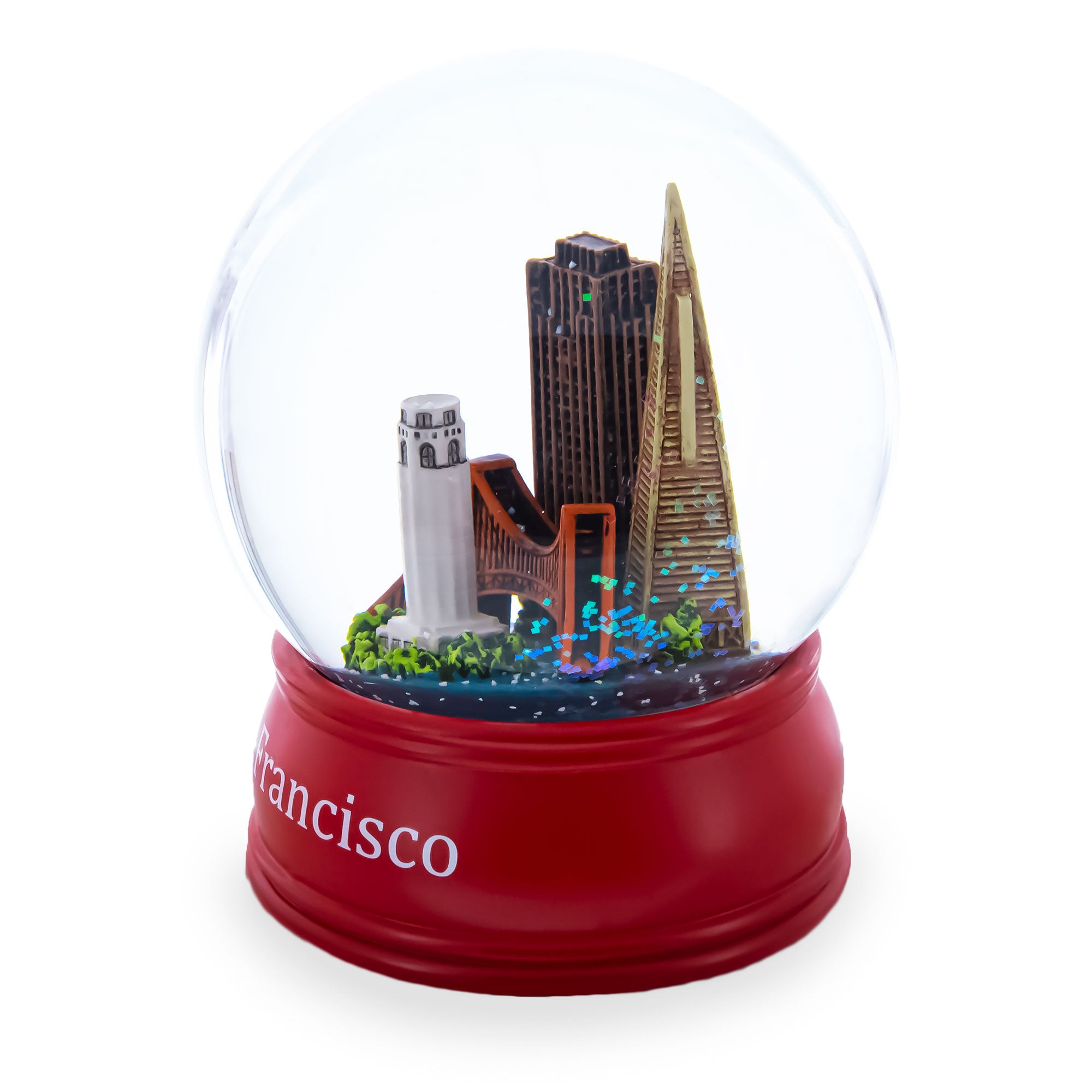 San Francisco Skyline with Iconic Landmarks Glass Water Snow GlobeChina , dimensions in inches: 4.8 x 3.4 x 3.4