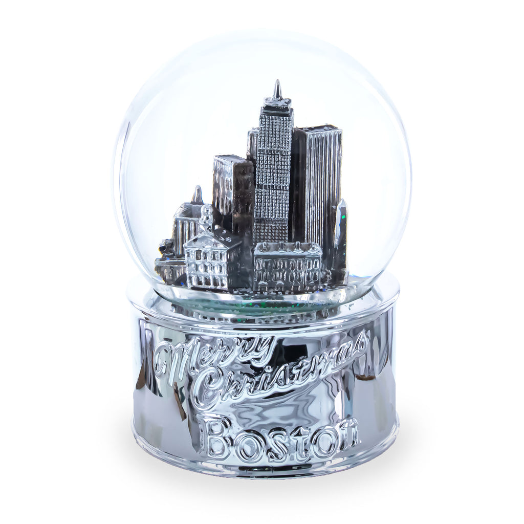 Boston Cityscape Silver Base Glass Water Snow Globe in Silver color Round