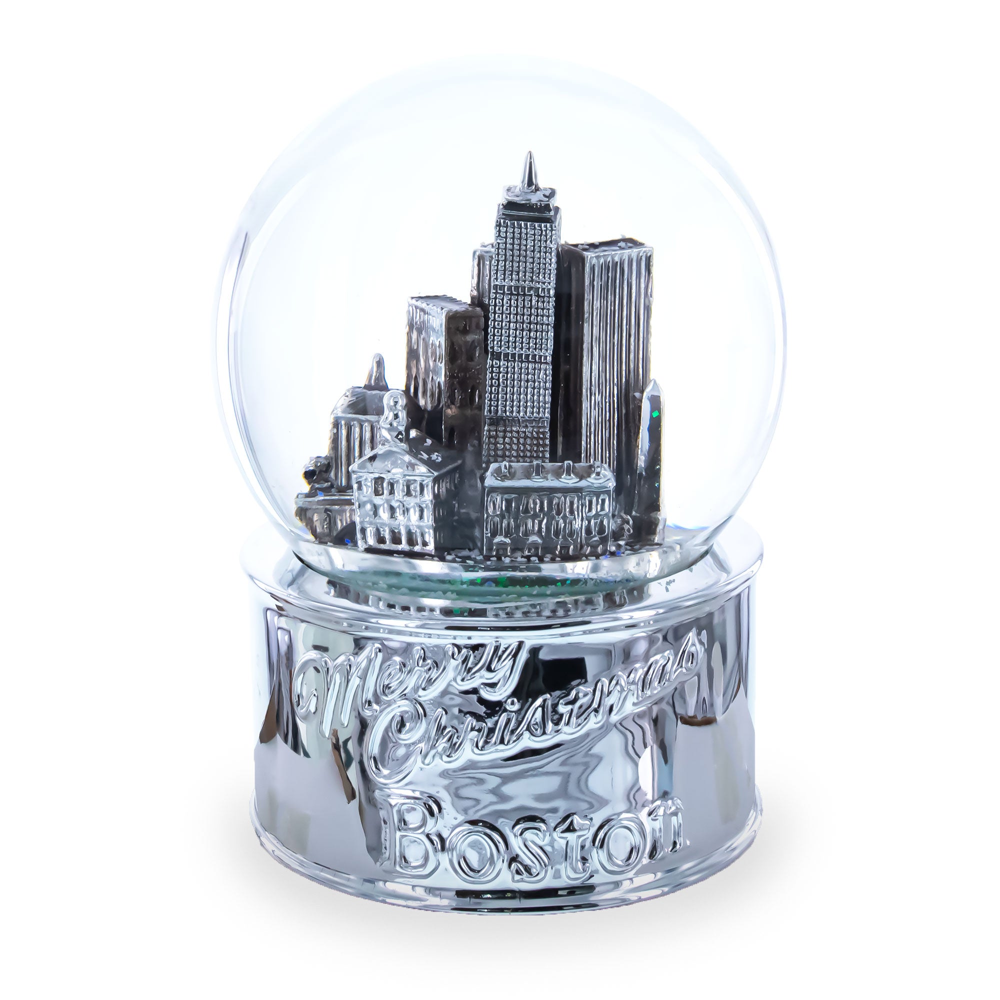 Boston Cityscape Silver Base Glass Water Snow Globe in Silver color Round