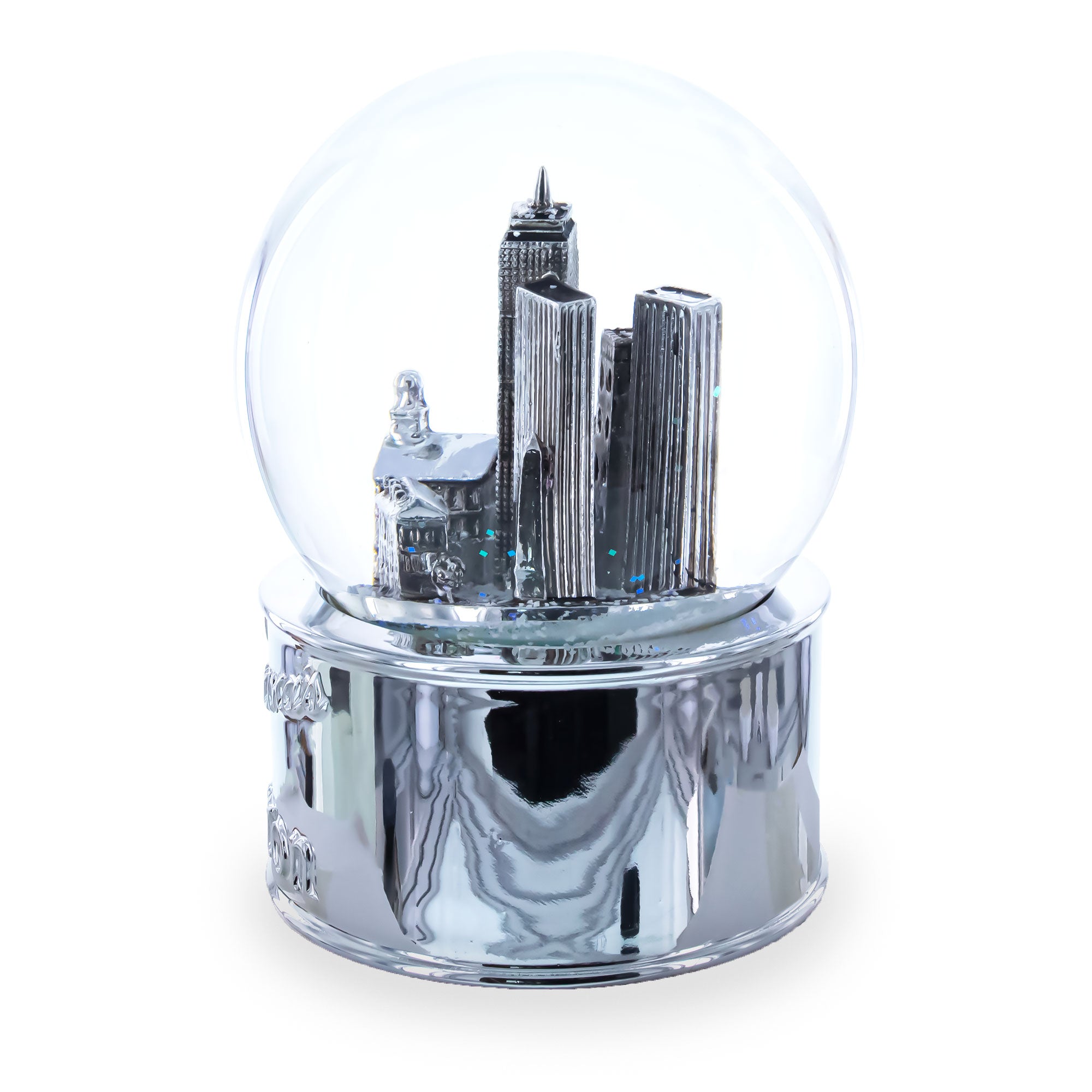 Boston Cityscape Silver Base Glass Water Snow Globe , dimensions in inches: 4.8 x 3.4 x 3.4