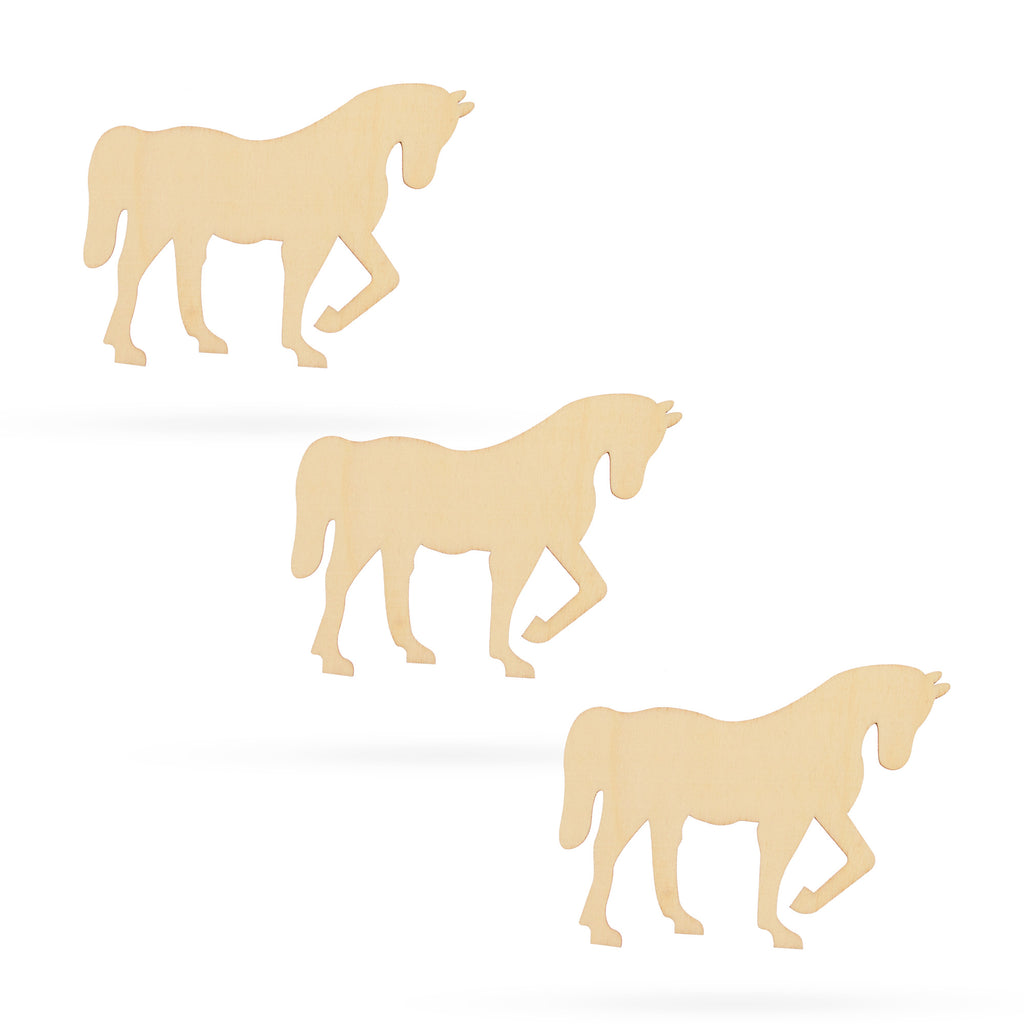 3 Horses Unfinished Wooden Shapes Craft Cutouts DIY Unpainted 3D Plaques 4 Inches in Beige color