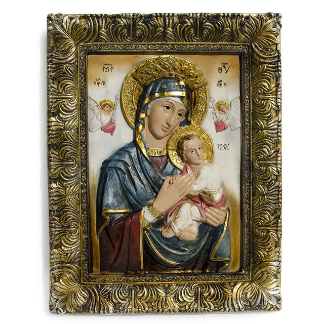Virgin Mary and Baby Jesus Religious Icon – Ornate Framed Wall Art for Christian Home Decor 12 Inches in Multi color Rectangular