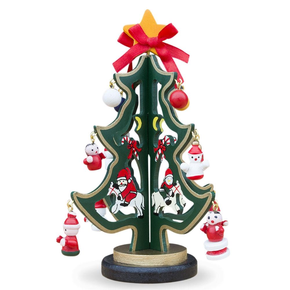 Delightful Wooden Tabletop Christmas Tree with Santa and Miniature Ornaments 6.5 Inches Tall in Green color, Triangle shape