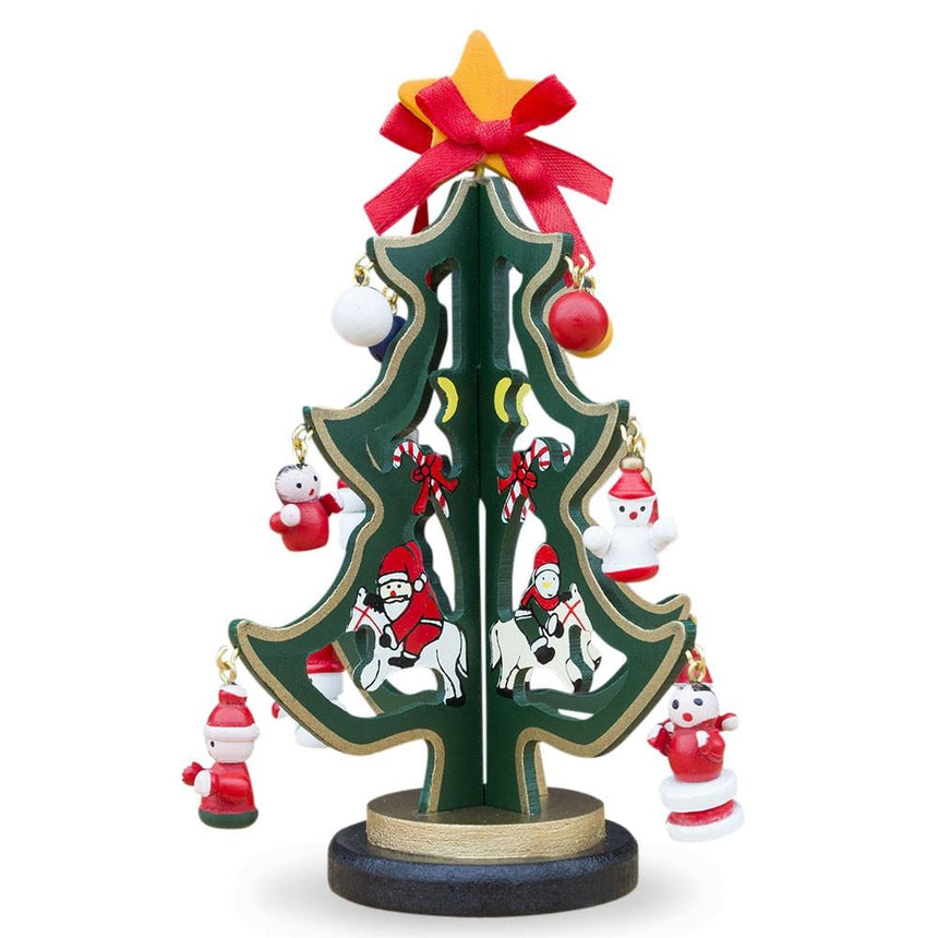 Delightful Wooden Tabletop Christmas Tree with Santa and Miniature Ornaments 6.5 Inches Tall in Green color Triangle