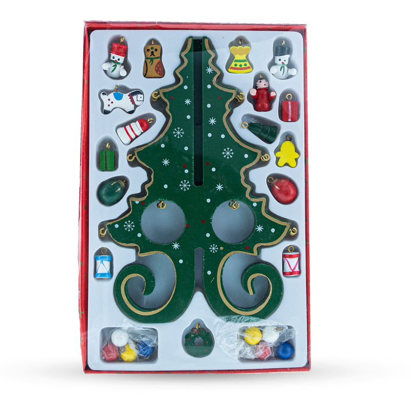 Buy Online Gift Shop Wooden Tabletop Christmas Tree with Cute Miniature German Style Wooden Ornaments 7.5 Inches
