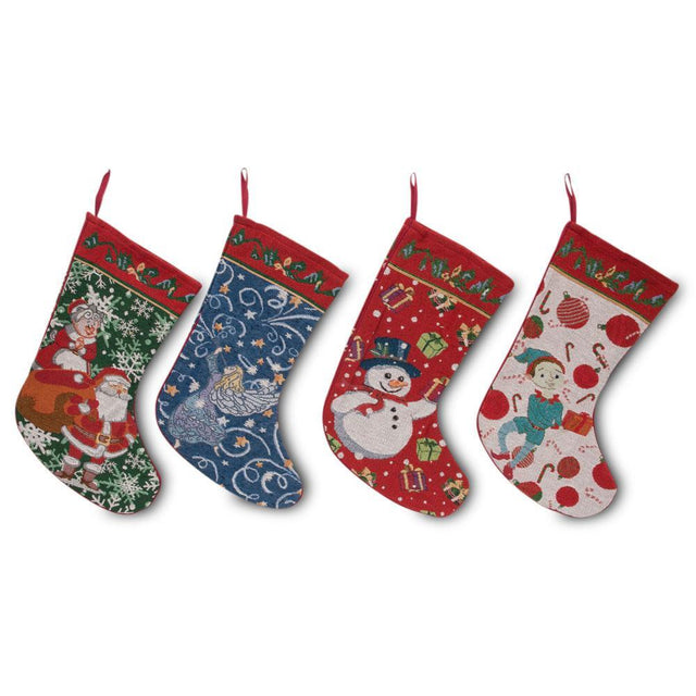 Set of 4 Mr. and Mrs. Claus, Angel, Elf and Snowman Christmas Stockings in Multi color