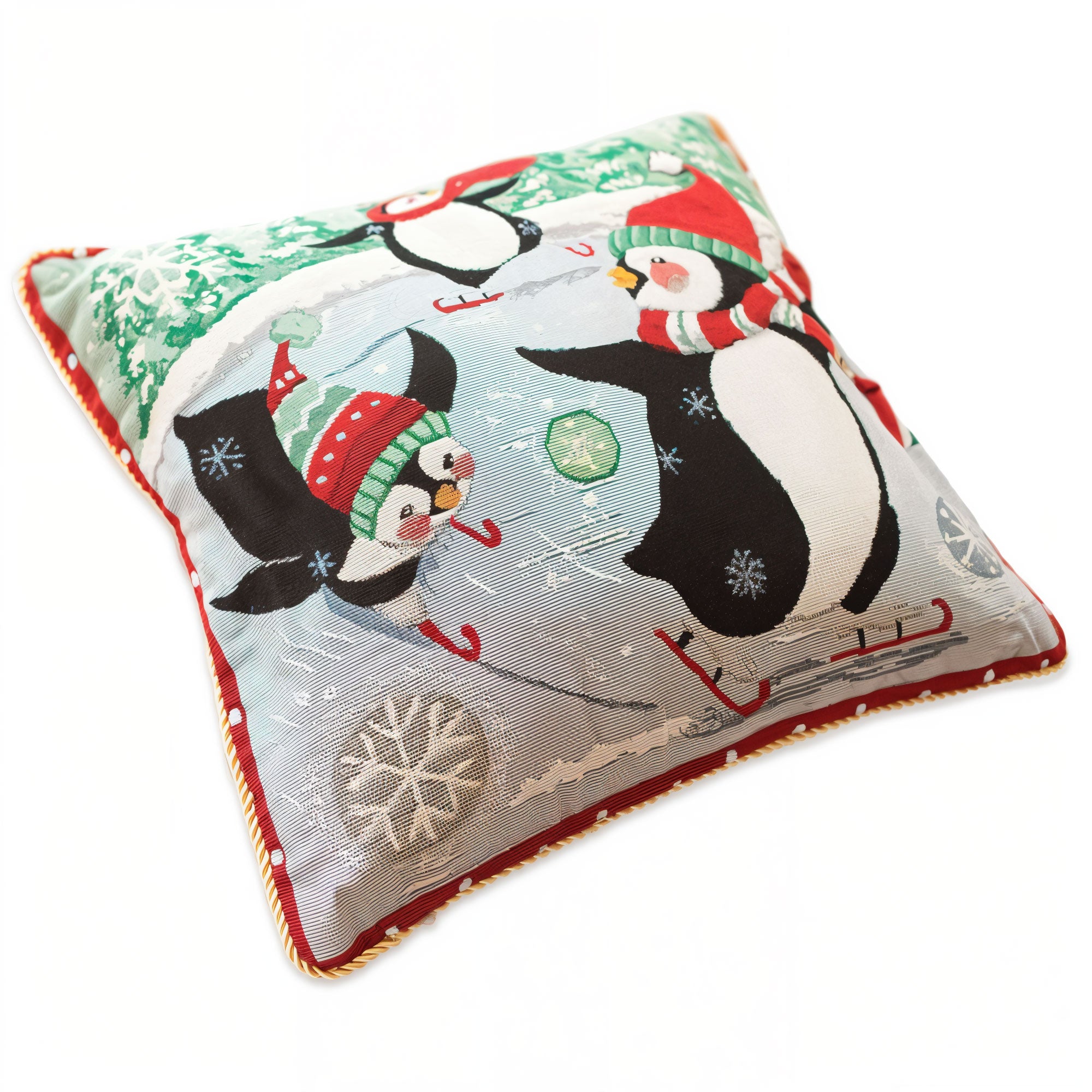 Set of 2 Skating Penguins Christmas Throw Pillow CoversChina , dimensions in inches: 18 x 17.5 x 17.5