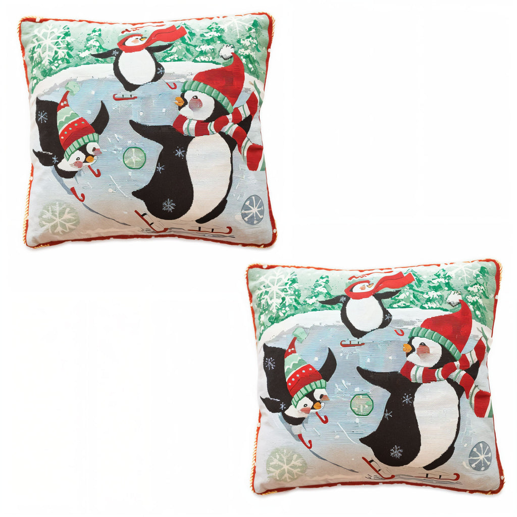 Set of 2 Skating Penguins Christmas Throw Pillow Covers in Multi color Square