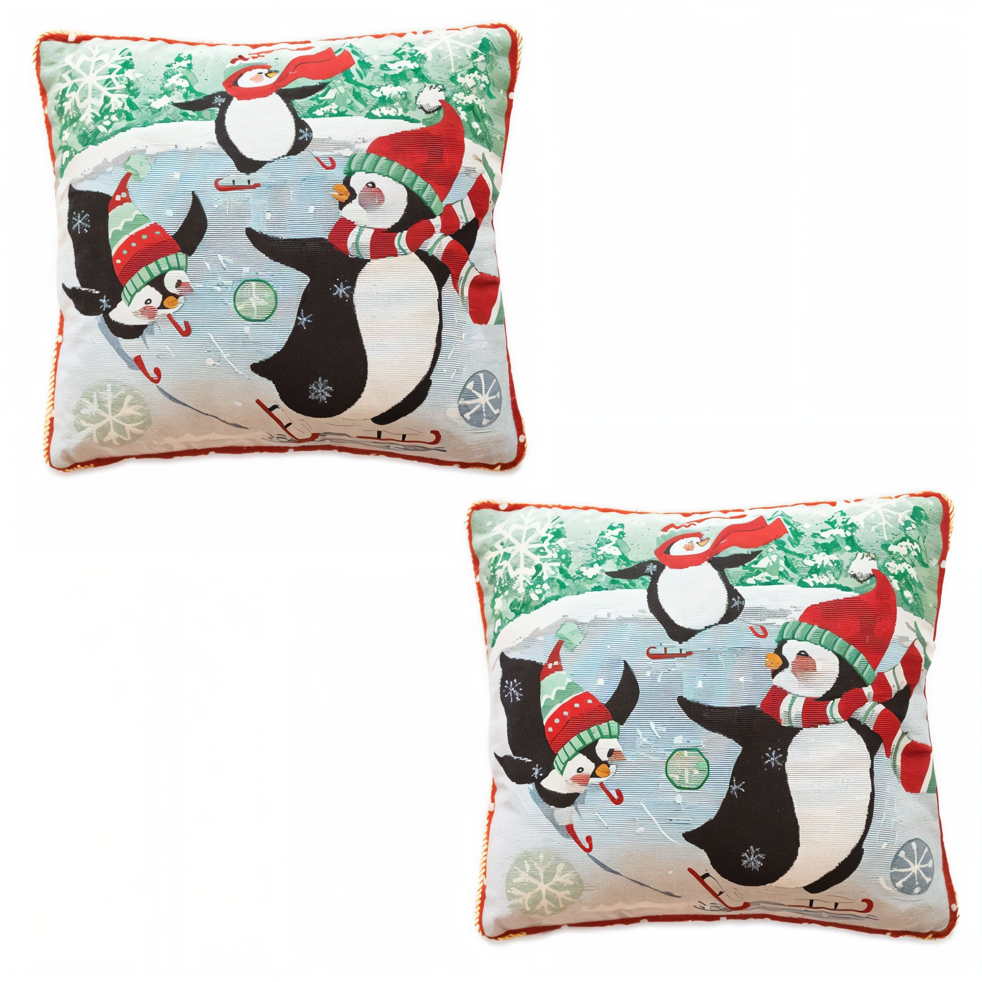 Set of 2 Skating Penguins Christmas Throw Pillow Covers in Multi color Square