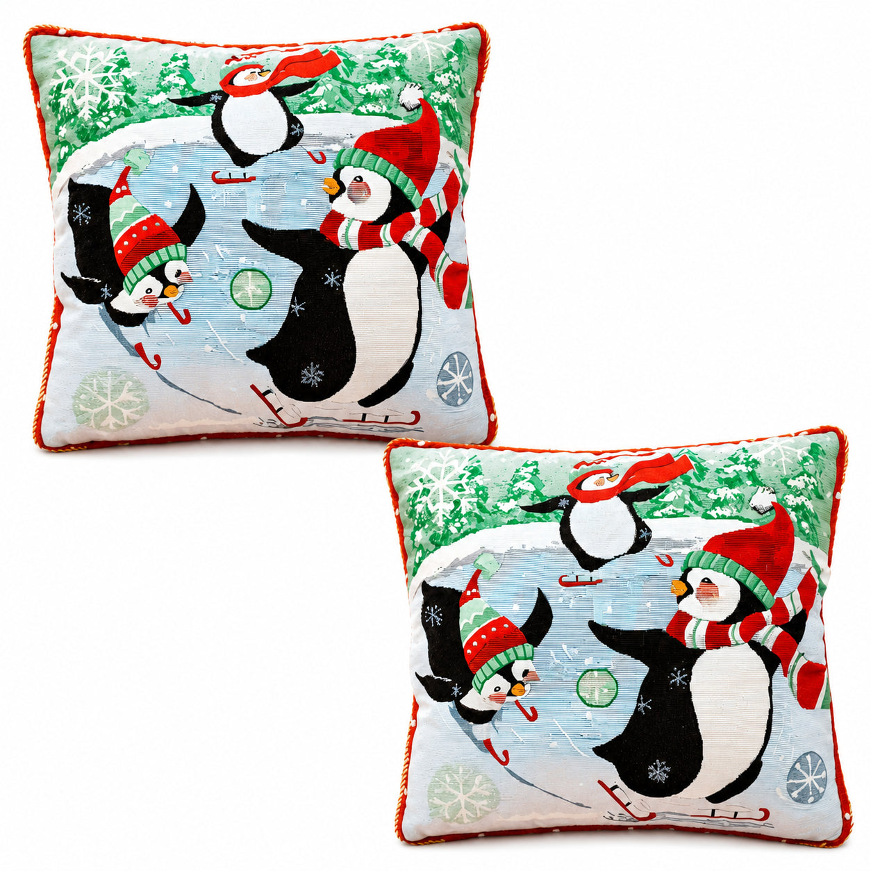 Set of 2 Skating Penguins Winter Sofa Accent Pillow Covers in Multi color Square