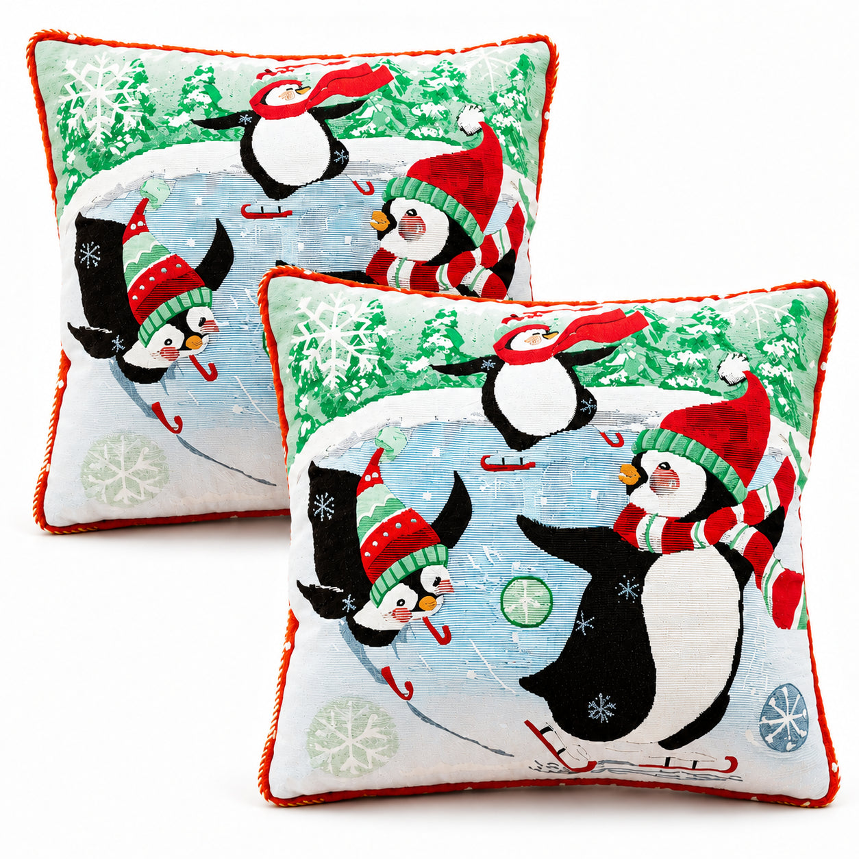 Shop Set of 2 Skating Penguins Winter Sofa Accent Pillow Covers. Buy Christmas Decor > Pillow Covers Multi Square