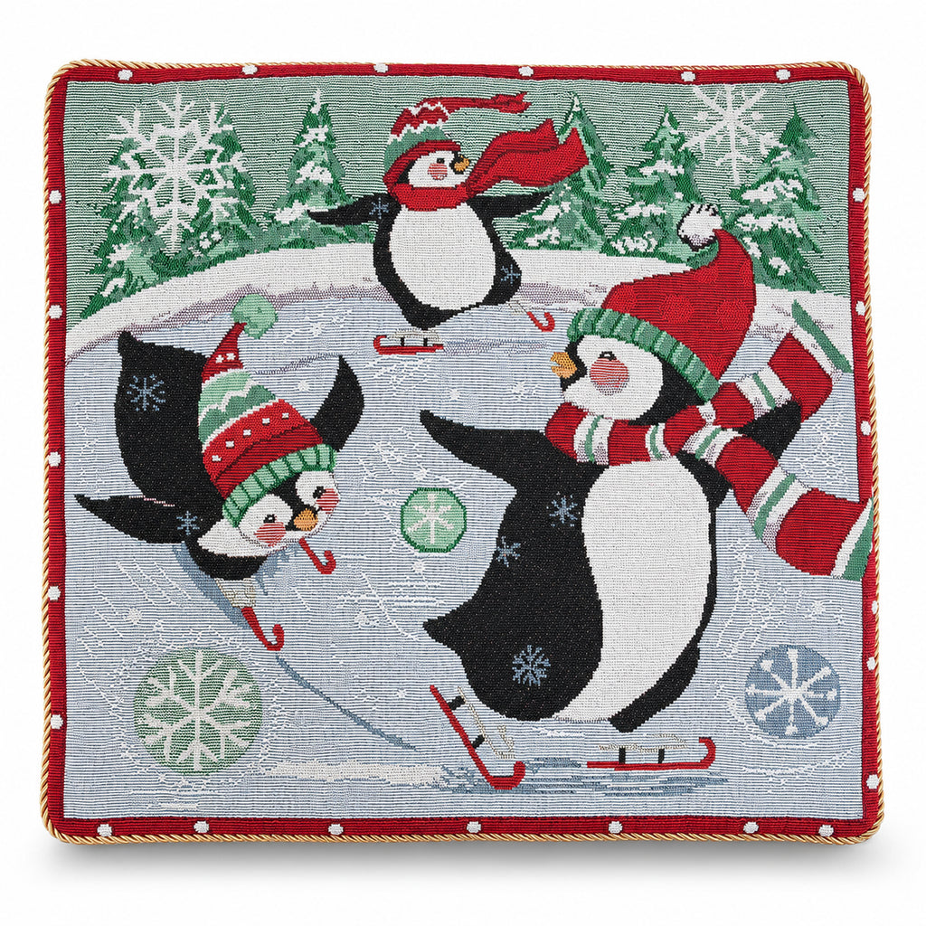 Set of 2 Skating Penguins Winter Sofa Accent Pillow CoversChina , dimensions in inches: 18 x 17.5 x 17.5