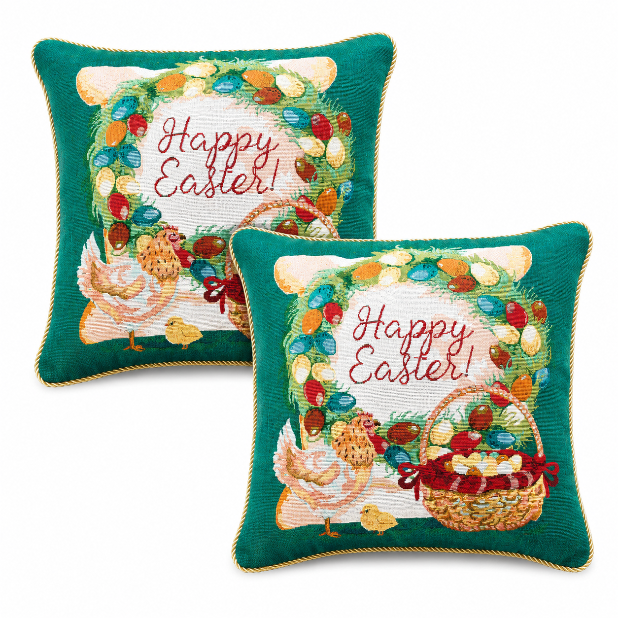 Set of 2 Happy Easter & Easter Eggs Throw Pillow Covers in Green color Square